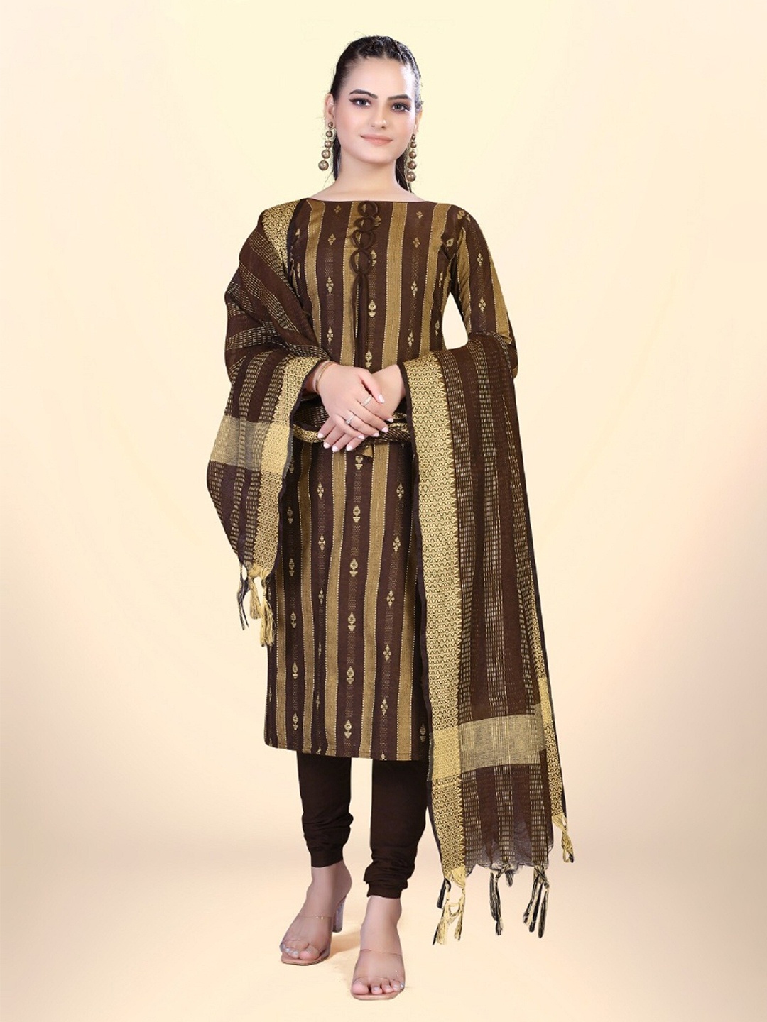 

APNISHA Striped Printed Unstitched Dress Material, Brown