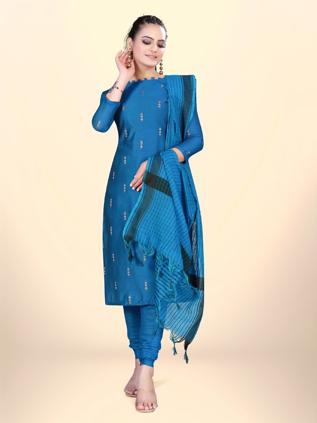 

APNISHA Ethnic Motifs Woven Design Jacquard Unstitched Dress Material, Blue