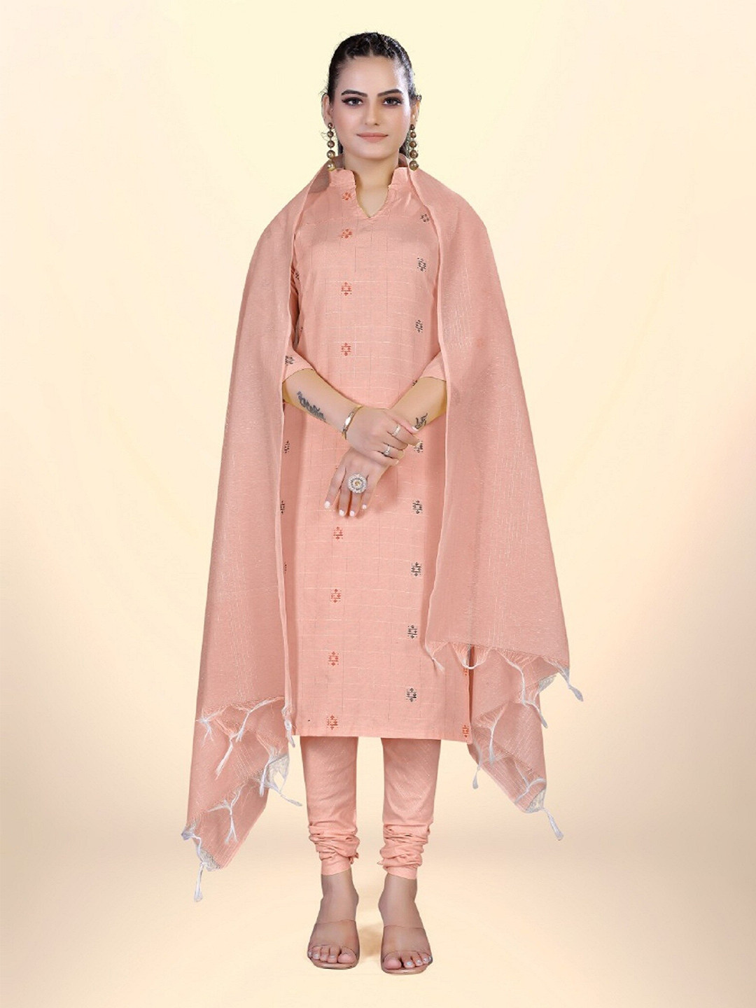 

APNISHA Ethnic Motifs Embroidered Unstitched Dress Material, Peach