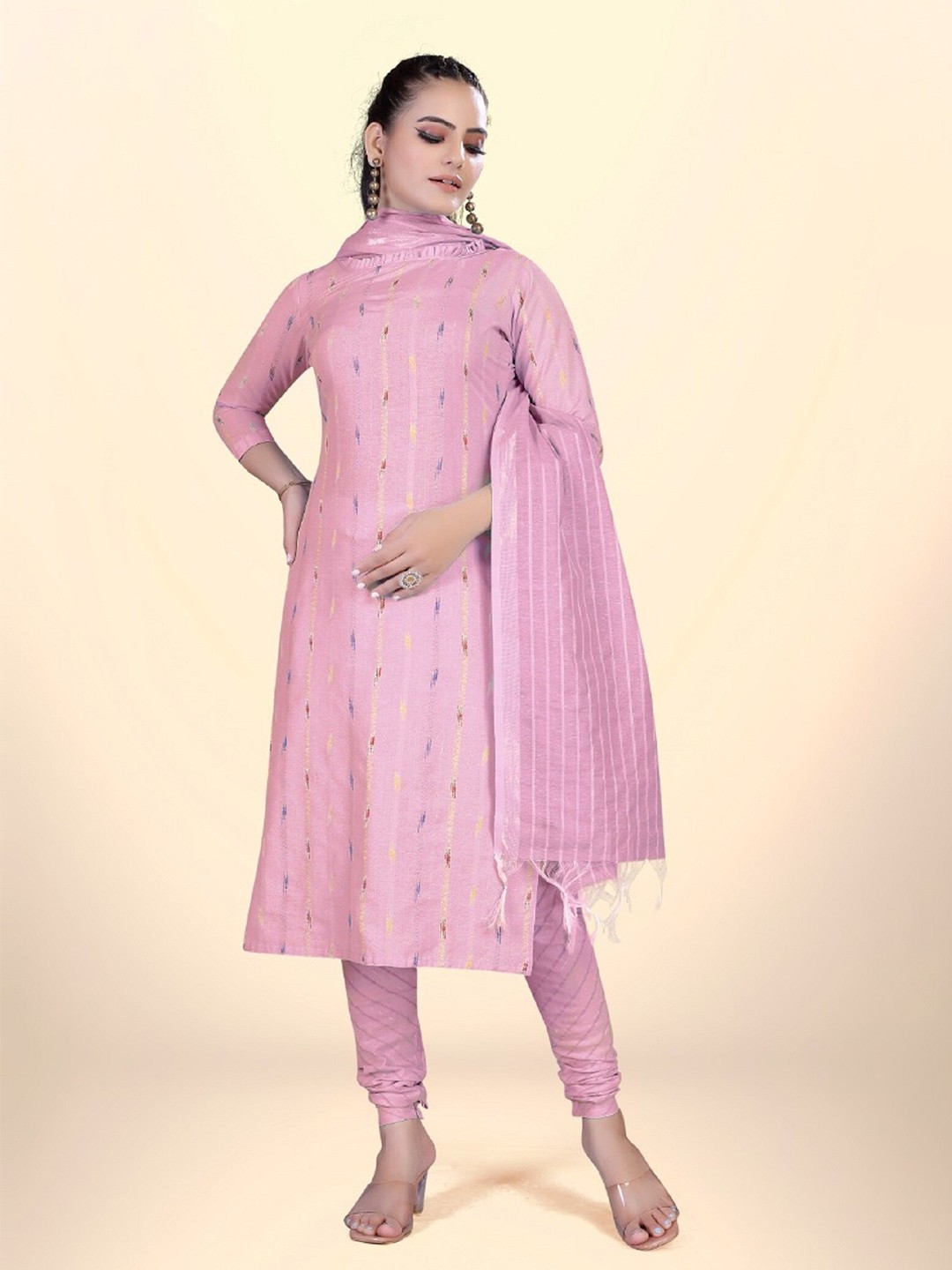

APNISHA Striped Printed Unstitched Dress Material, Pink