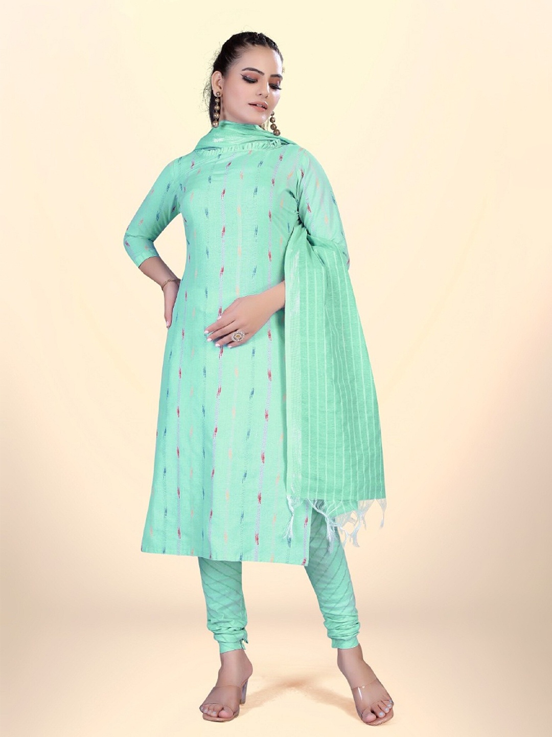 

APNISHA Striped Unstitched Dress Material, Lime green