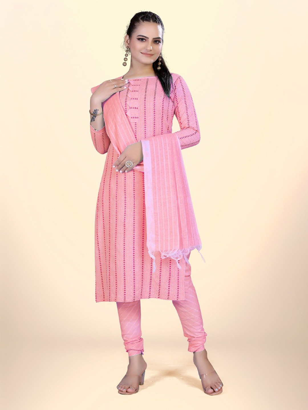 

APNISHA Striped Printed Unstitched Dress Material, Pink