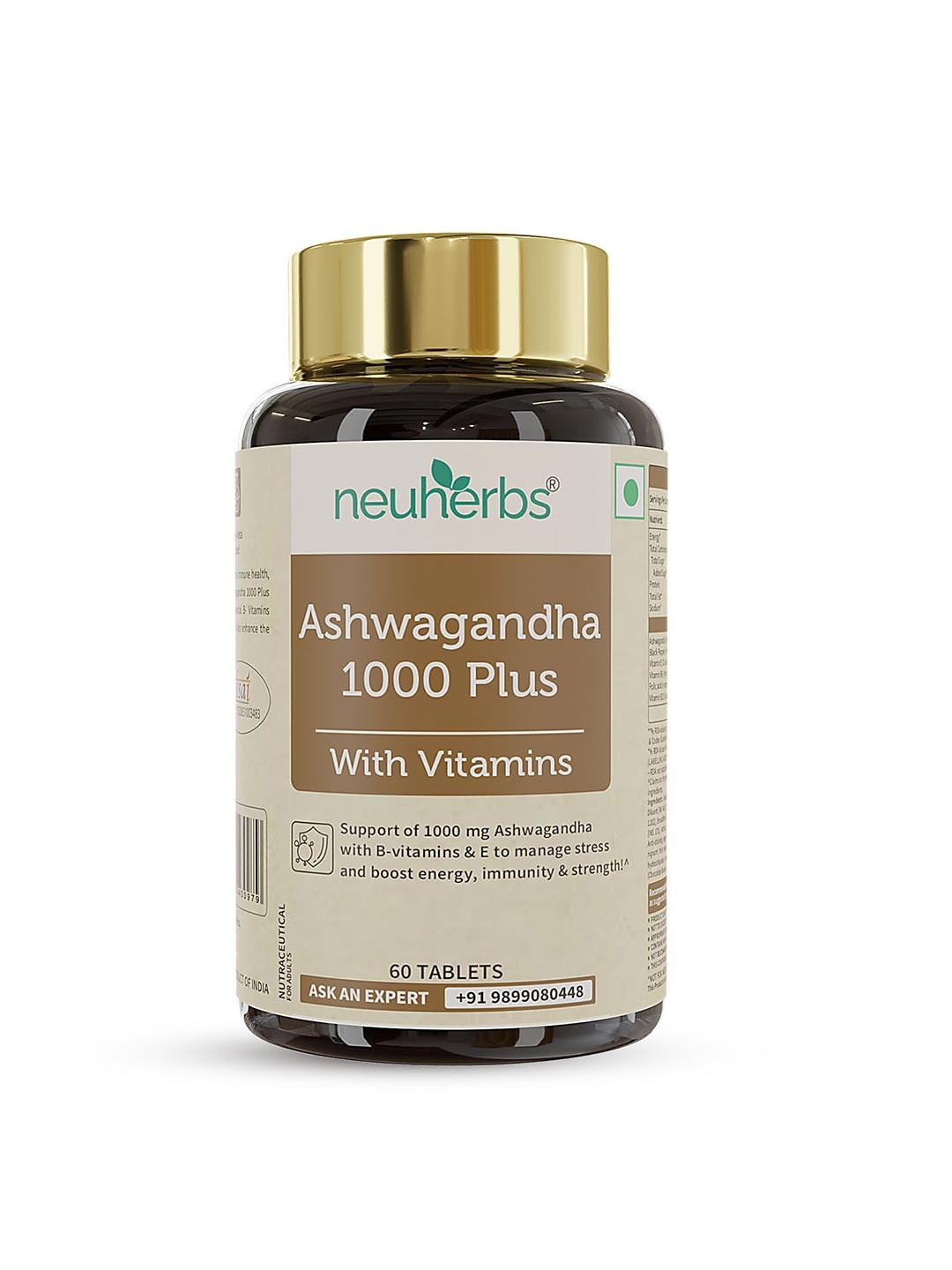 

Neuherbs Ashwagandha 1000 Plus Tablets With Vitamins - 60 Tablets, Coffee brown