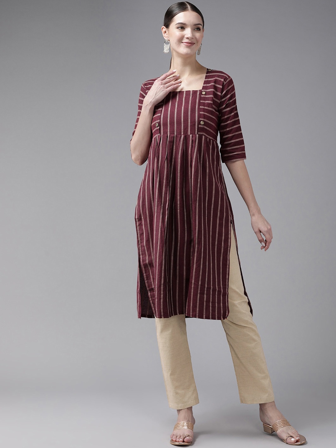 

BAESD Striped Empire Pure Cotton Kurta with Trousers, Maroon