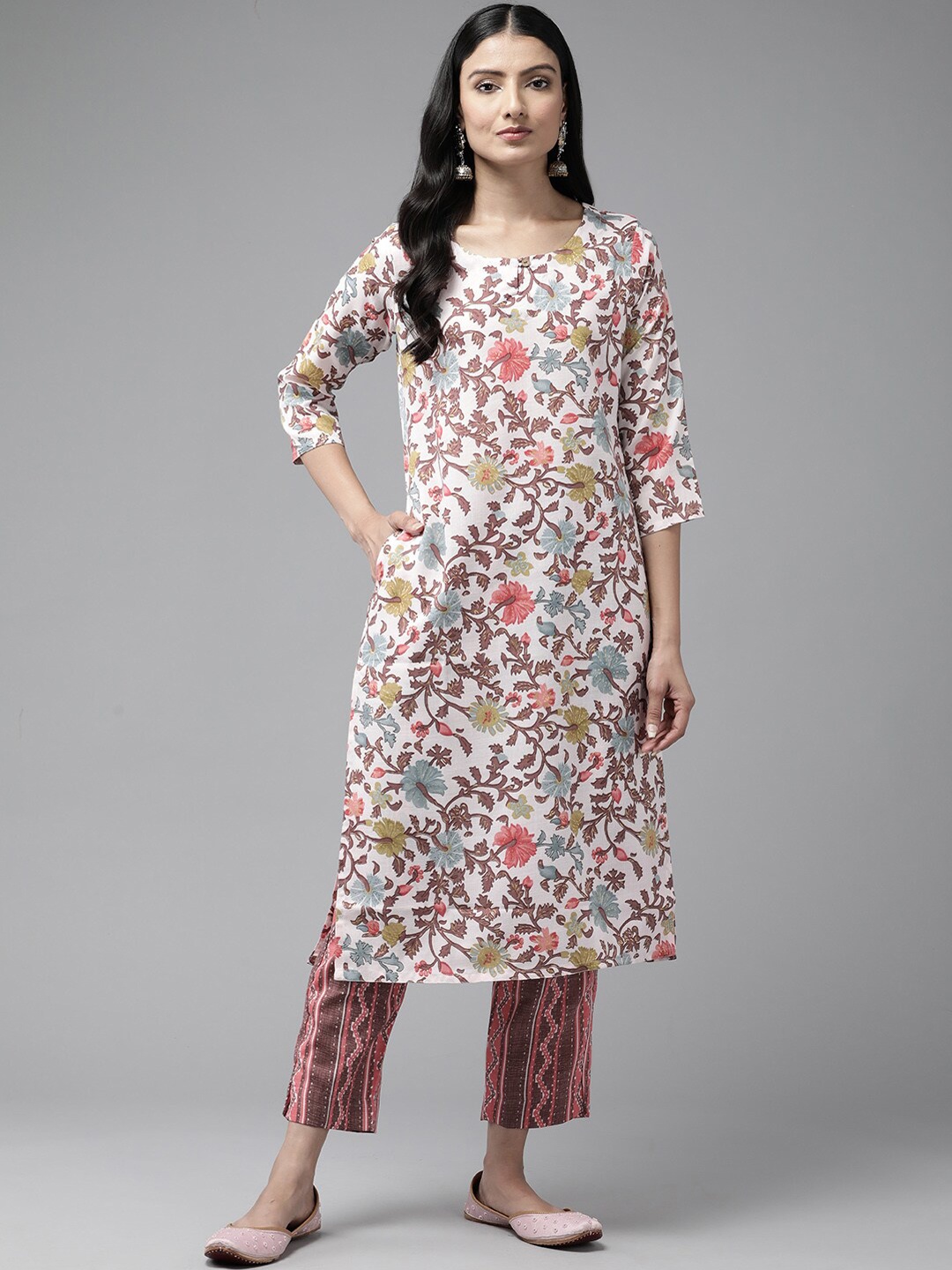 

BAESD Floral Printed Pure Cotton Straight Kurta With Trousers, White