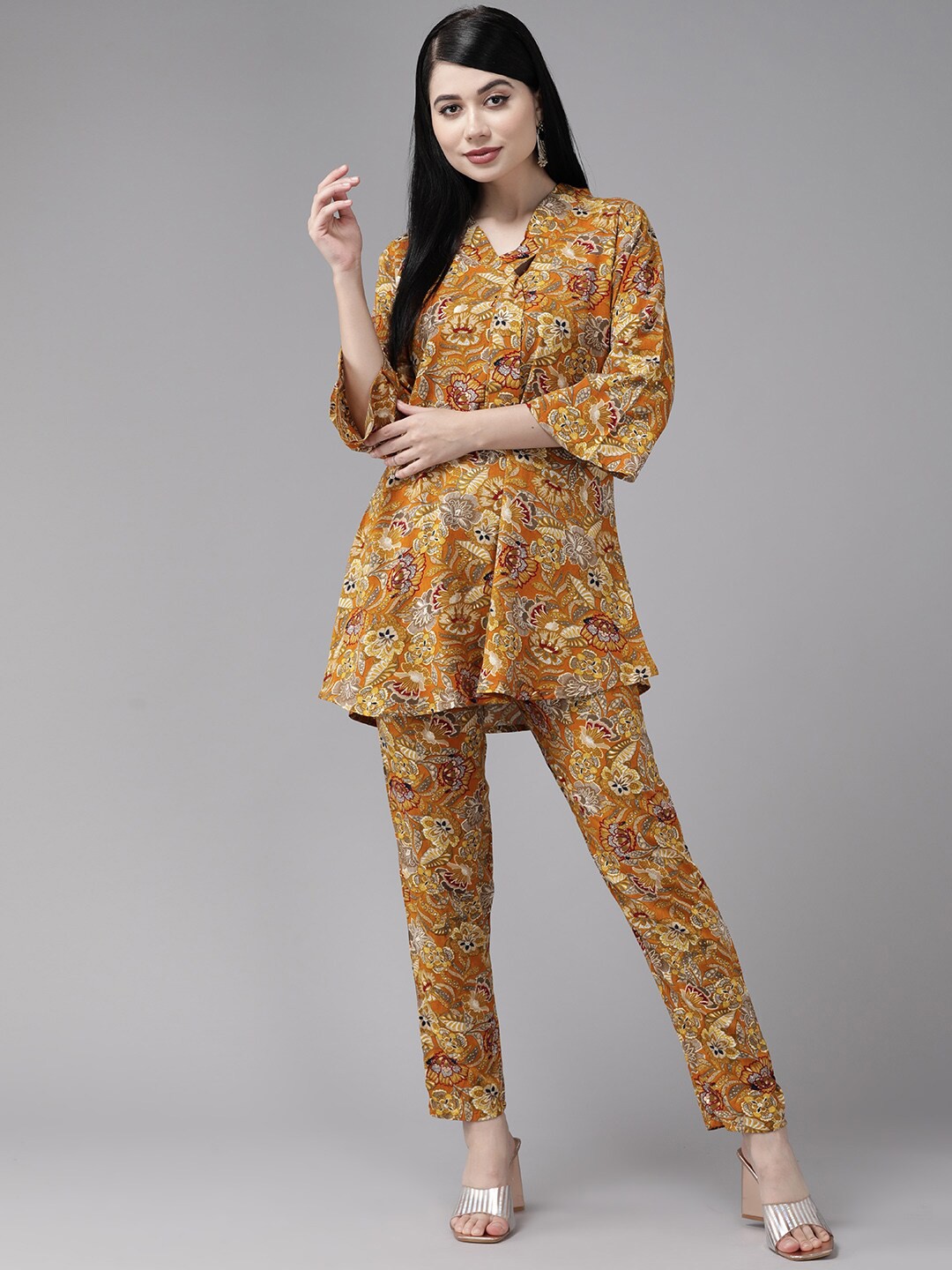 

BAESD Floral Printed Pure Cotton Top With Trouser, Mustard