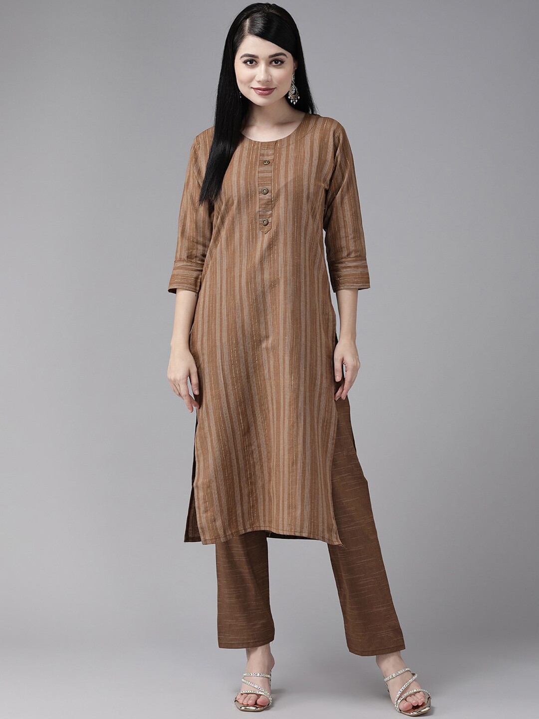 

BAESD Striped Pure Cotton Straight Kurta With Trouser, Brown