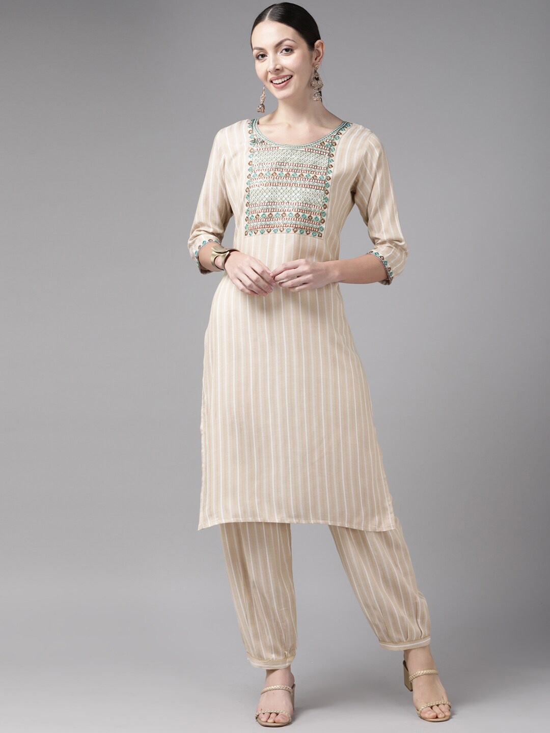 

BAESD Striped Regular Thread Work Pure Cotton Kurta with Trousers, Cream