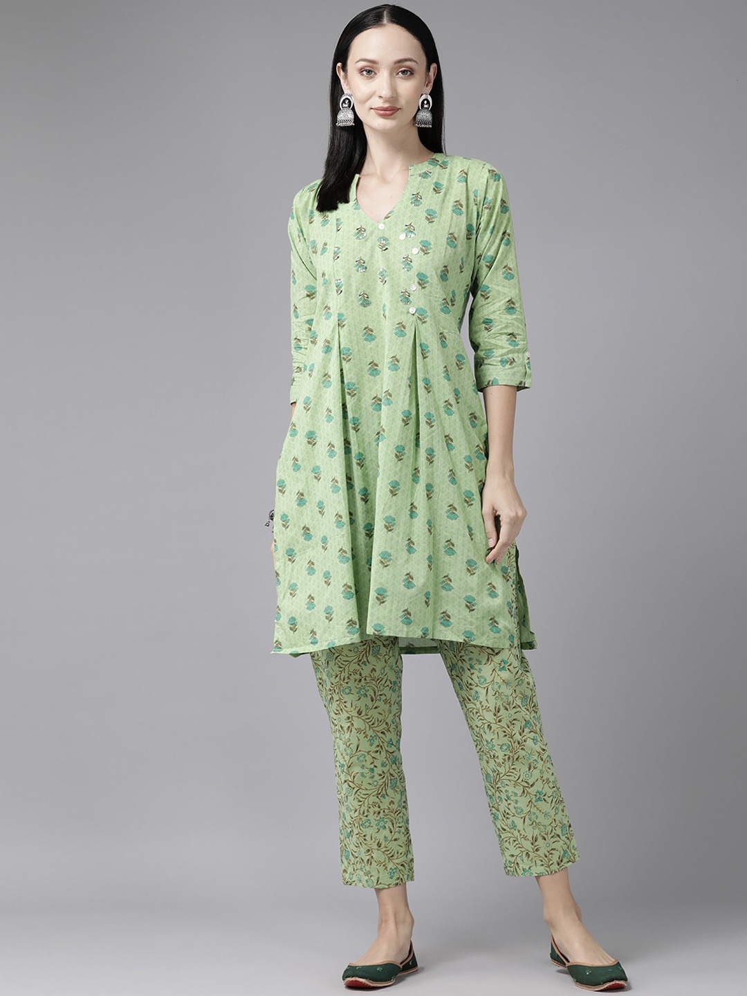 

BAESD Ethnic Motifs Printed Pleated Pure Cotton Straight Kurta With Trousers, Green