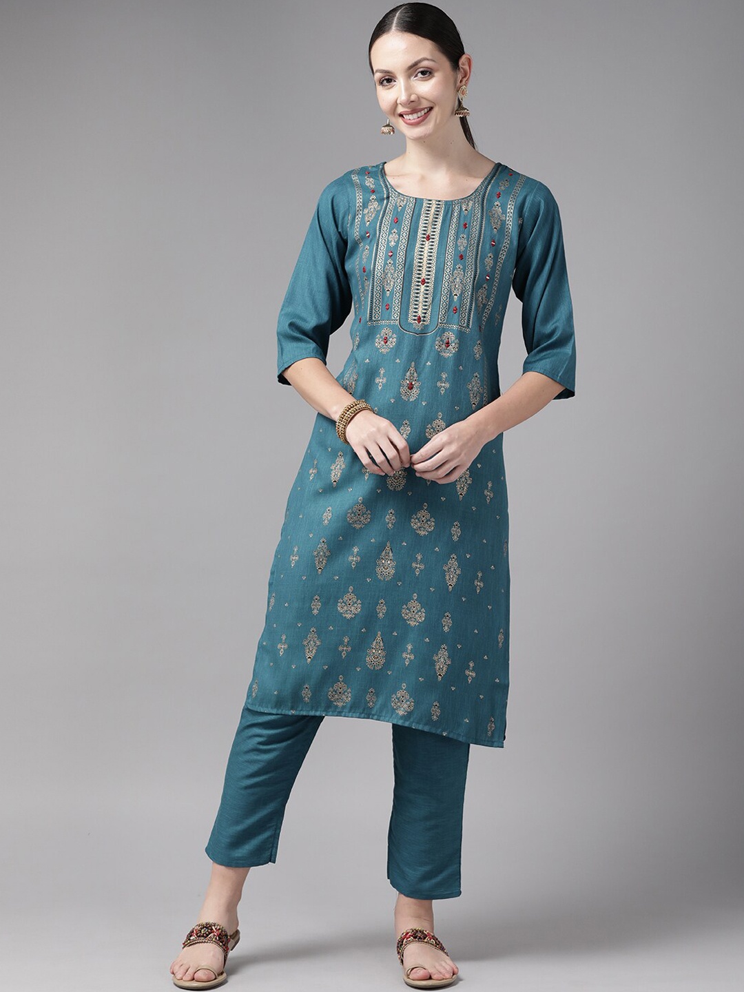 

BAESD Ethnic Motifs Printed Mirror Work Pure Cotton Kurta With Trousers, Blue