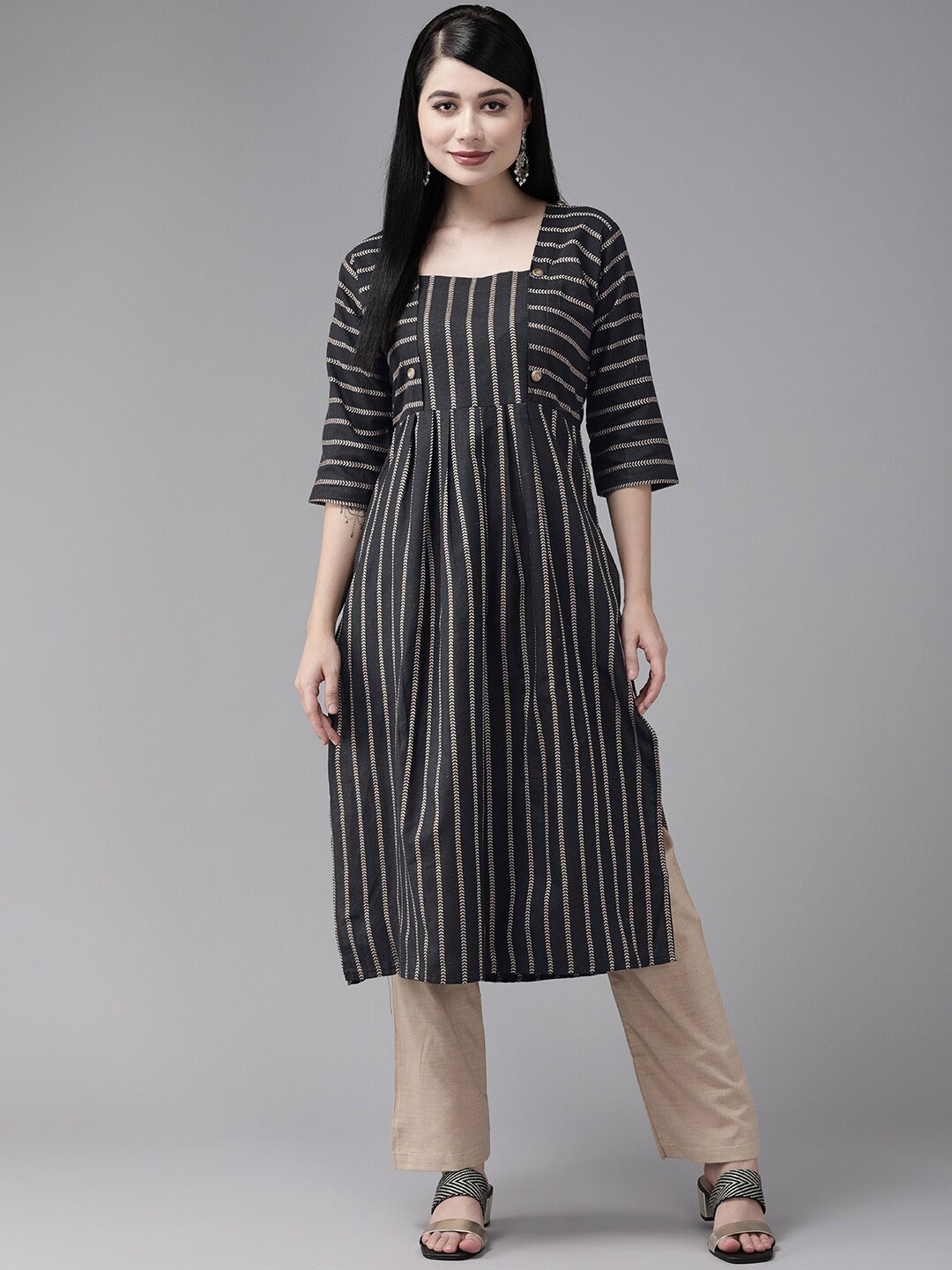 

BAESD Striped Pleated Pure Cotton Straight Kurta With Trousers, Black