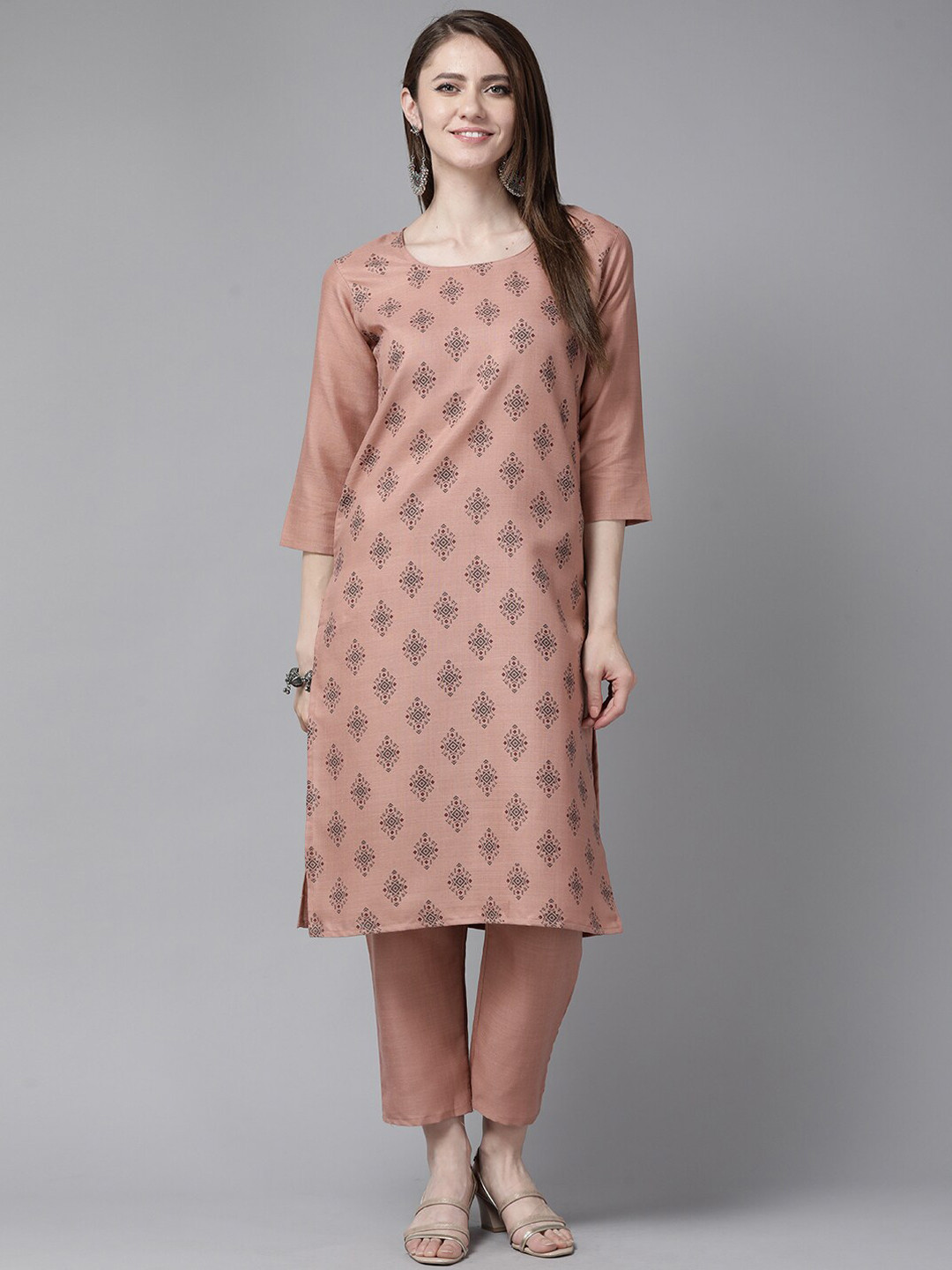 

BAESD Ethnic Motifs Printed Regular Pure Cotton Kurta with Trousers, Peach