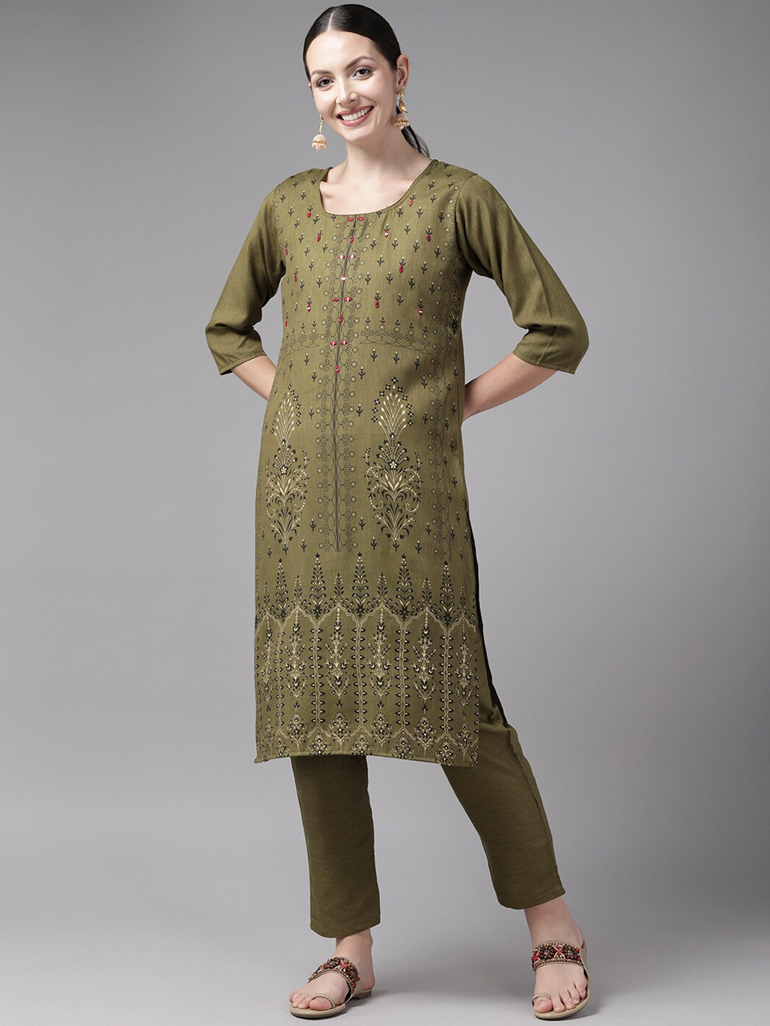 

BAESD Ethnic Motifs Printed Regular Mirror Work Pure Cotton Kurta with Trousers, Olive