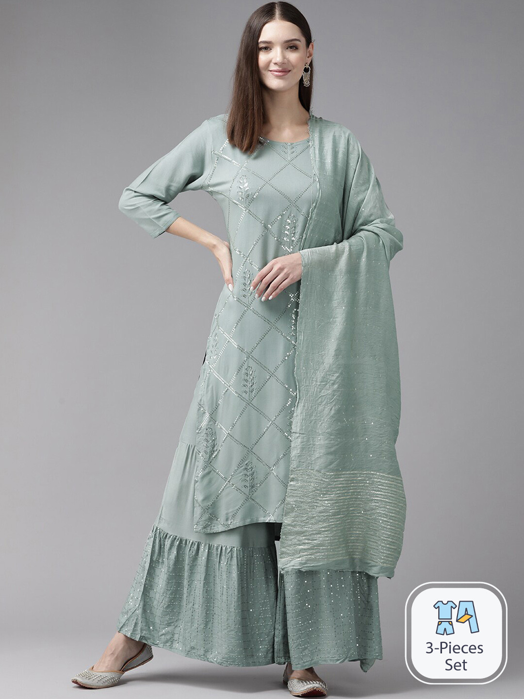 

BAESD Geometric Embroidered Sequinned Pure Cotton Straight Kurta & Sharara With Dupatta, Grey