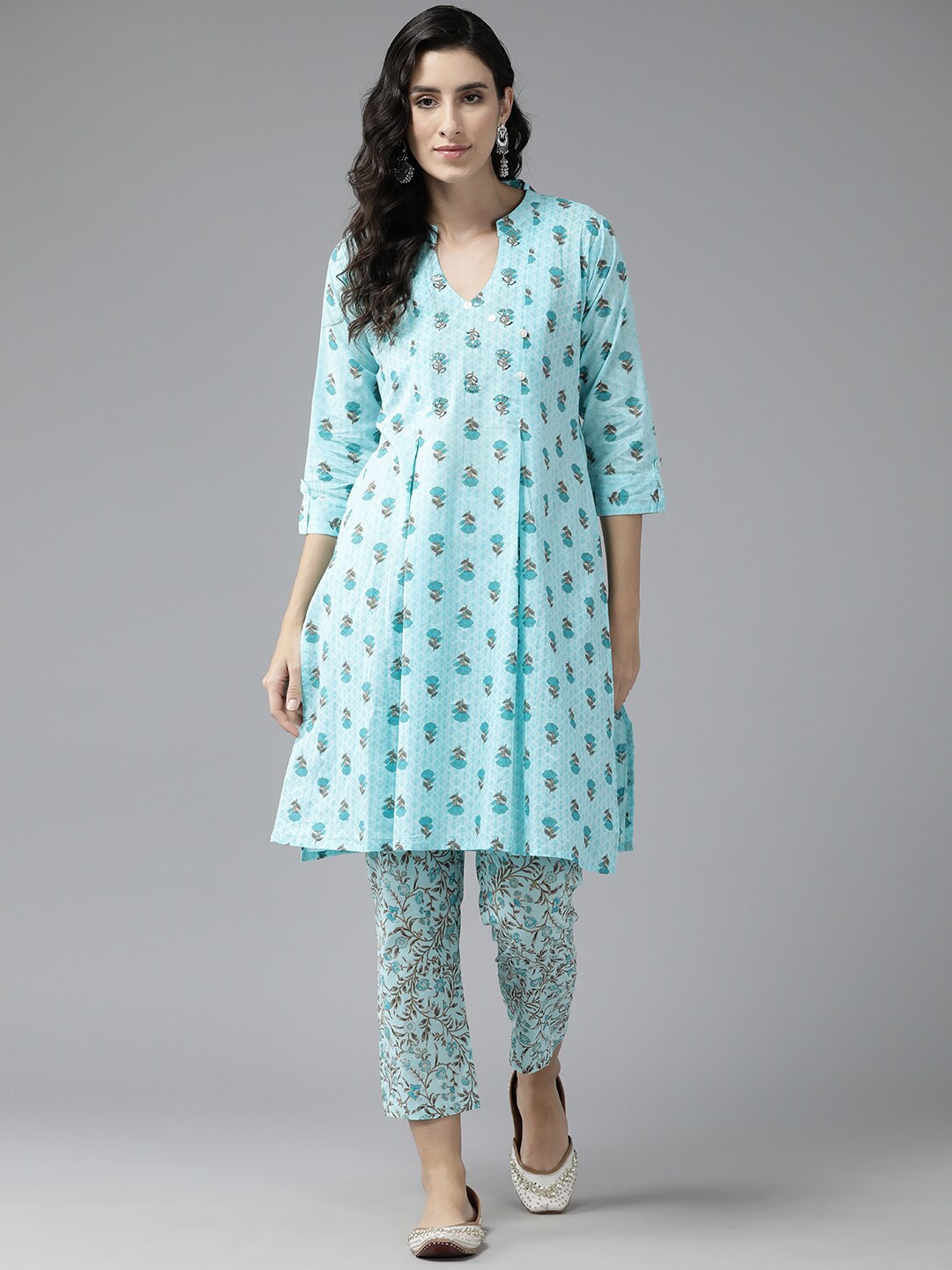 

BAESD Floral Printed Mandarin Collar Pure Cotton A-Line Kurta with Trouser, Turquoise blue