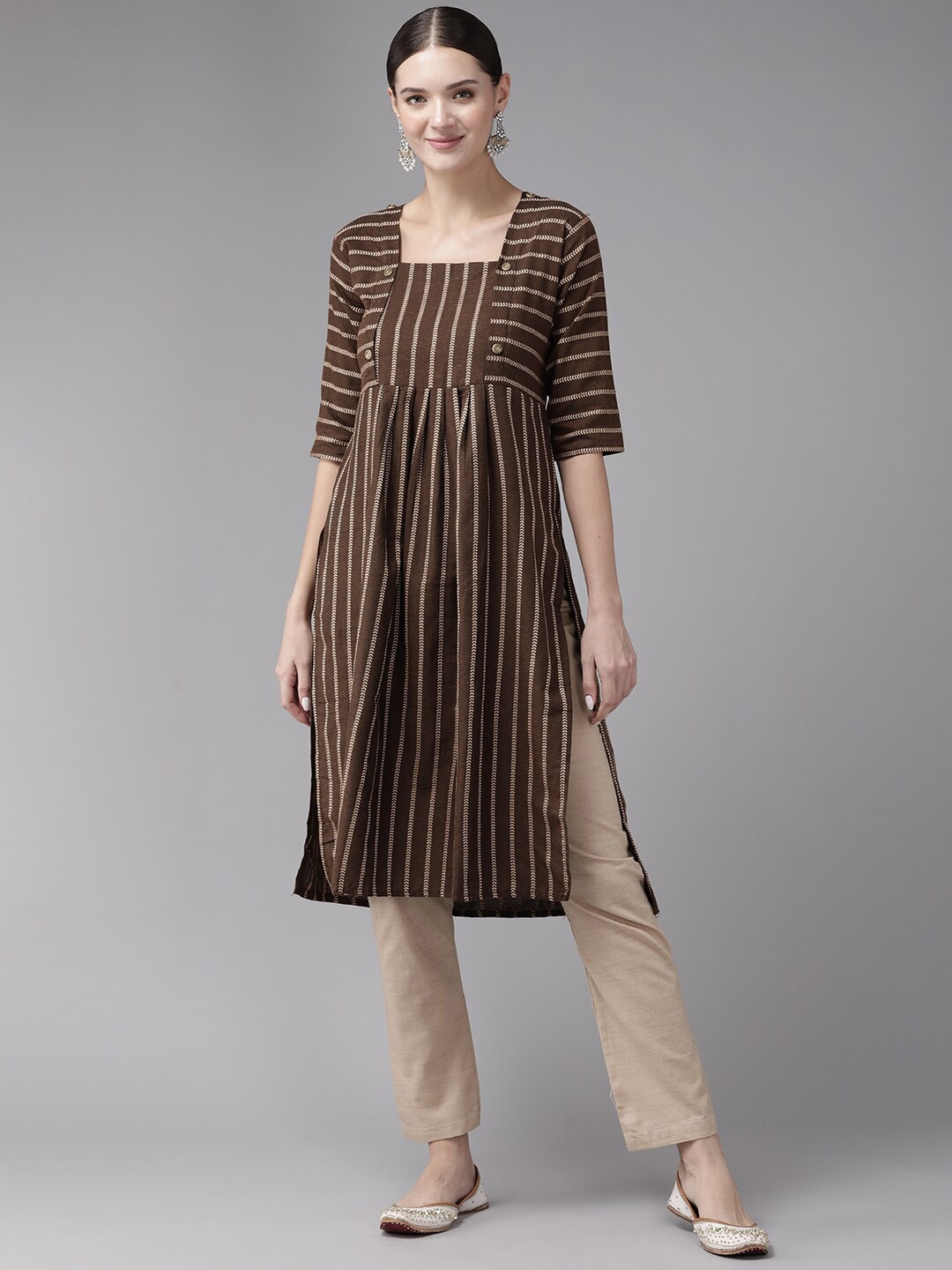 

BAESD Striped Pleated Pure Cotton Kurta with Trousers, Brown