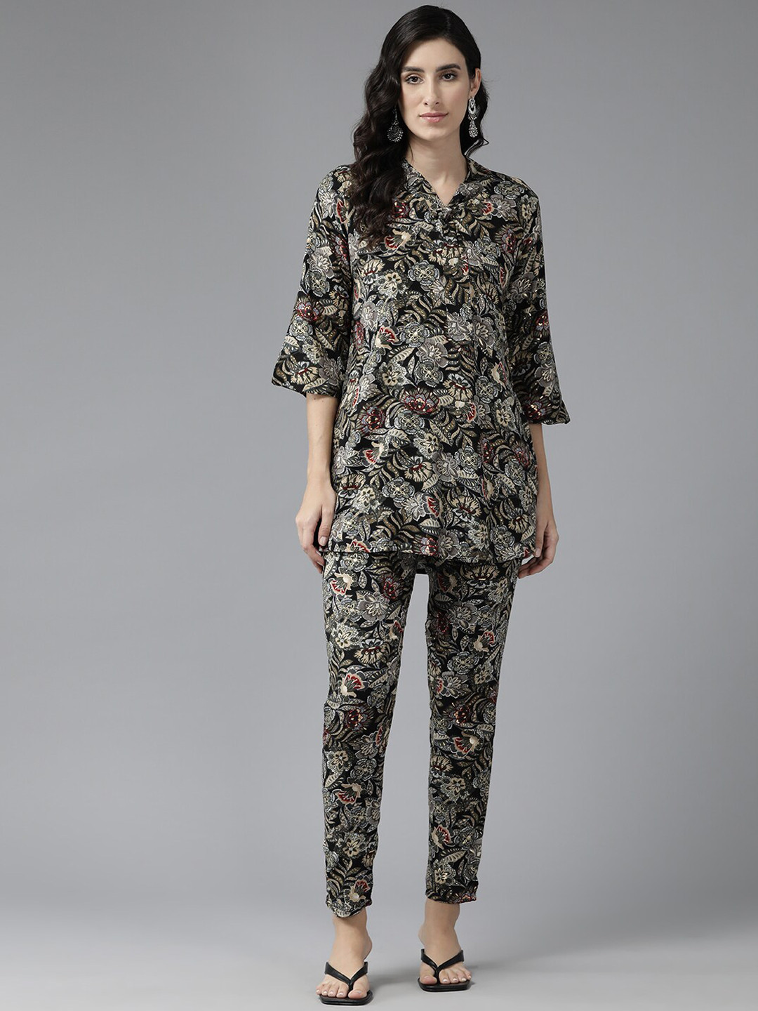 

BAESD Floral Printed Pure Cotton Tunic & Trouser, Black