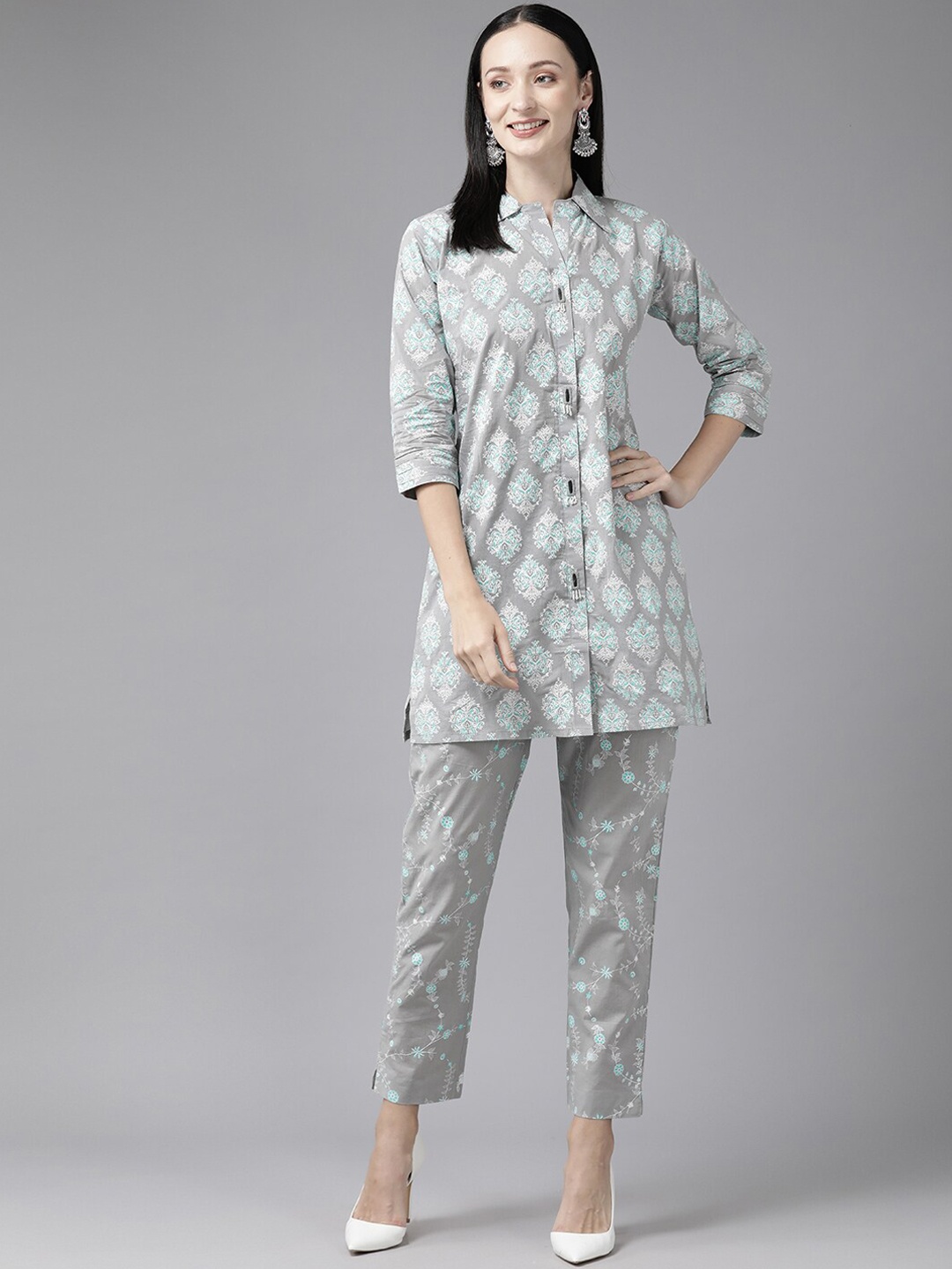 

BAESD Ethnic Motif Printed Pure Cotton Tunic & Trouser, Grey