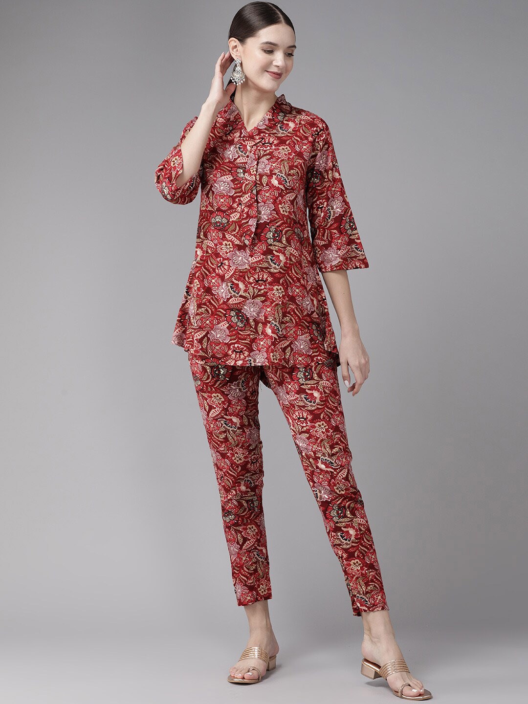 

BAESD Ethnic Motifs Printed Pure Cotton Kurti With Trouser, Red