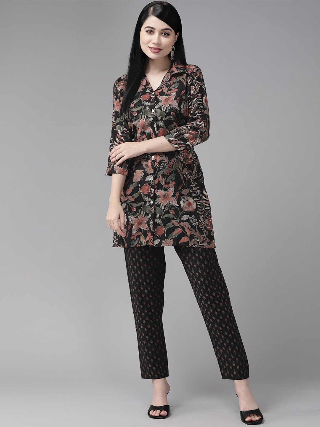 

BAESD Printed Pure Cotton Shirt Collar Tunic With Trouser, Black