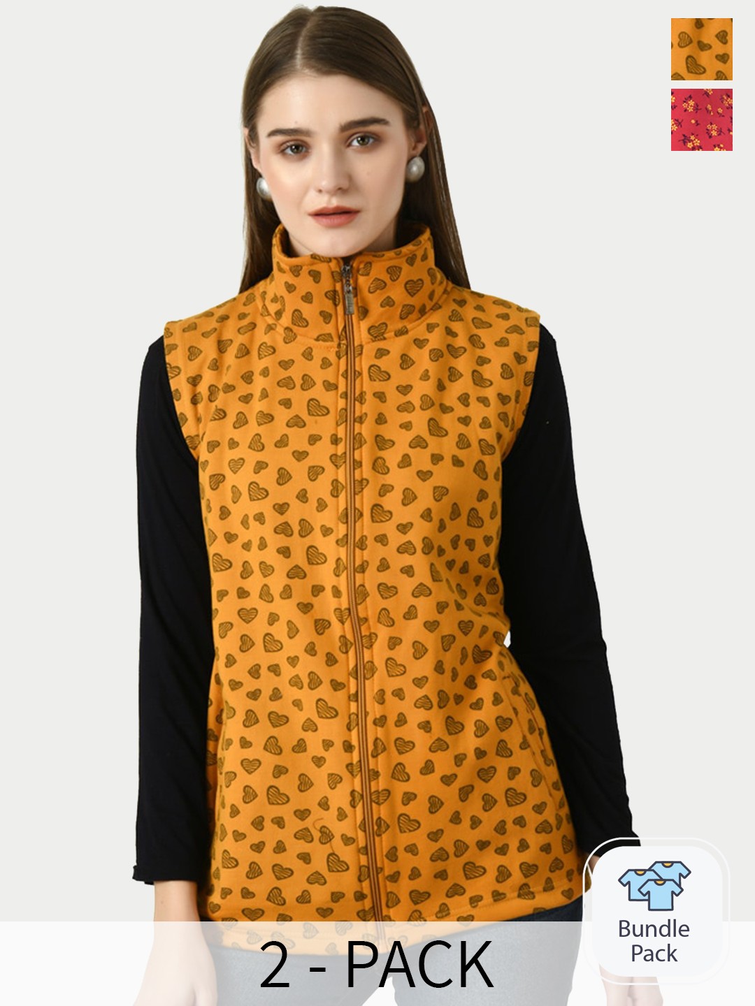 

BAESD Pack Of 2 Printed Sleeveless Lightweight Open Front Jacket, Mustard