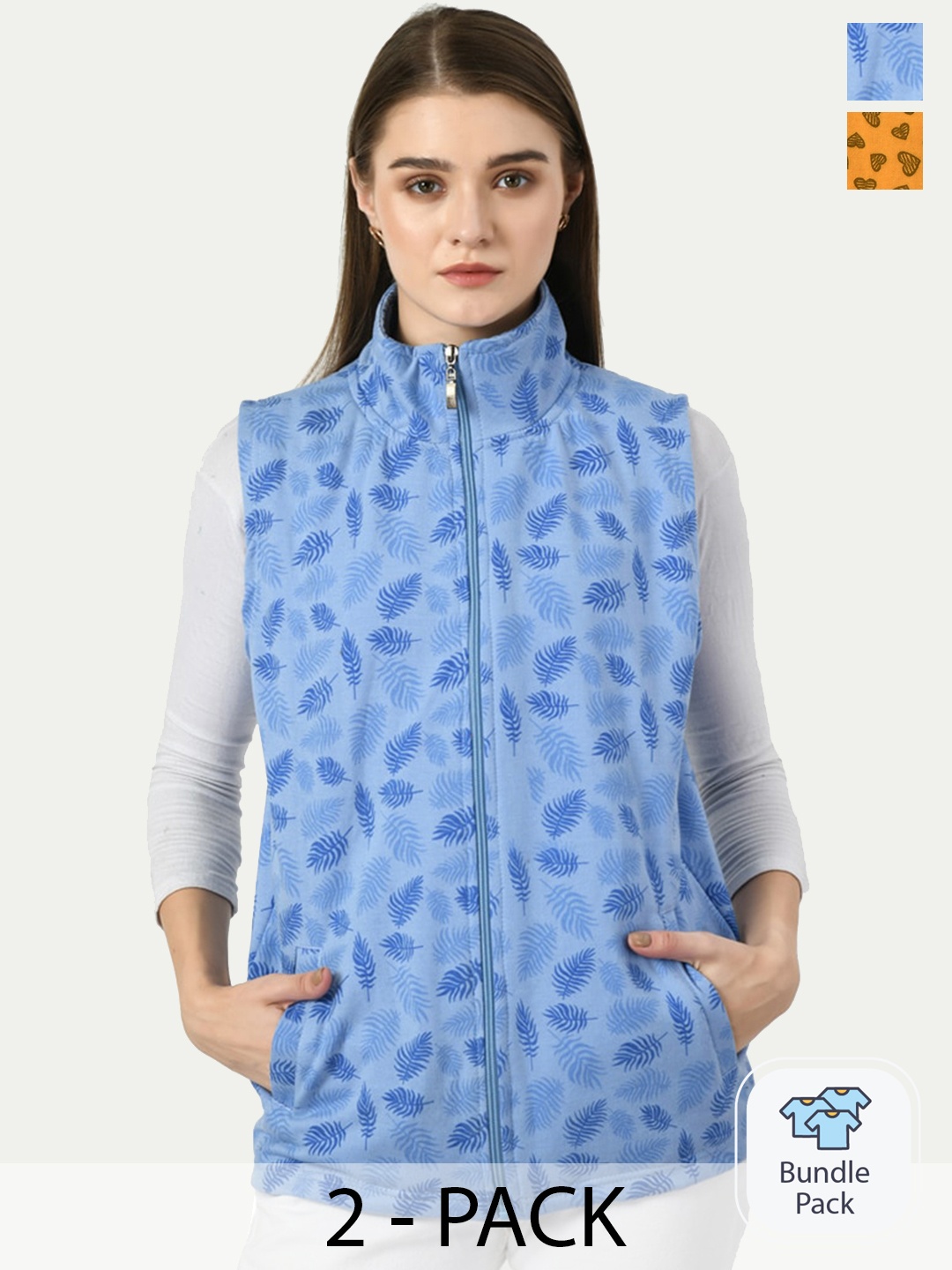 

BAESD Pack Of 2 Printed Sleeveless Lightweight Open Front Jacket, Blue