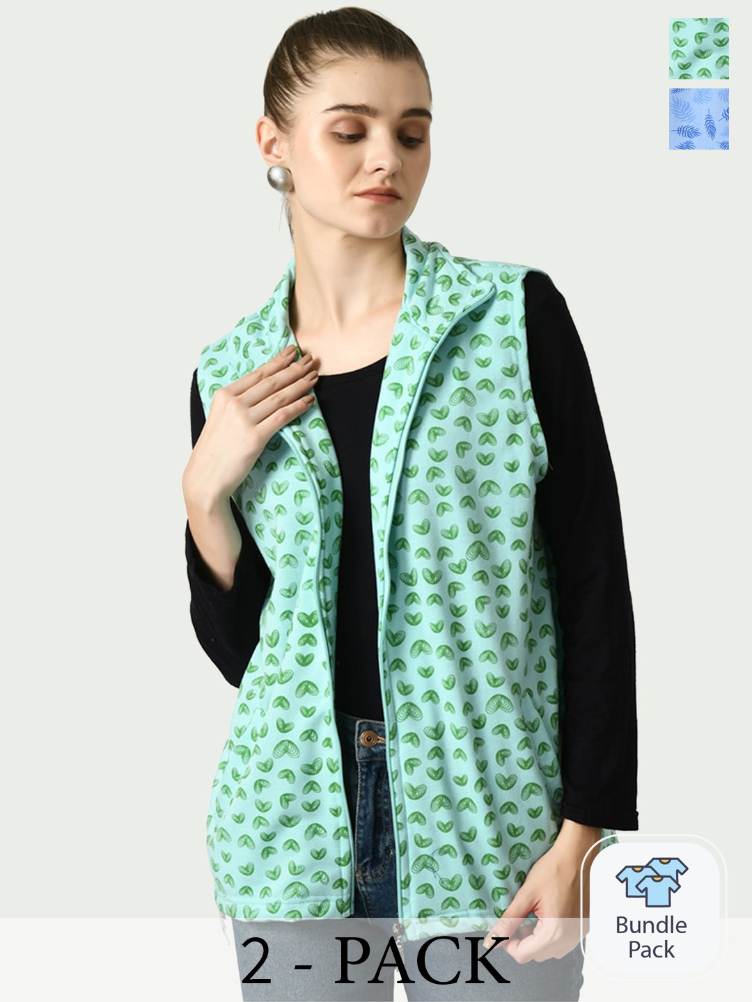 

BAESD Pack Of 2 Printed Sleeveless Lightweight Open Front Jacket, Green