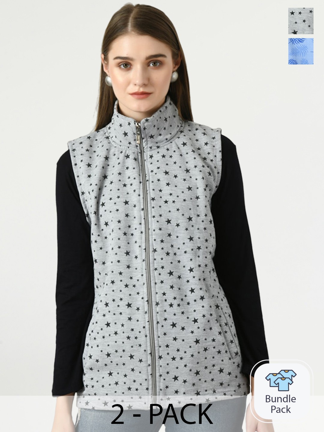 

BAESD Pack Of 2 Lightweight Geometric Printed Stand Collar Pure Fleece Open Front Jacket, Grey