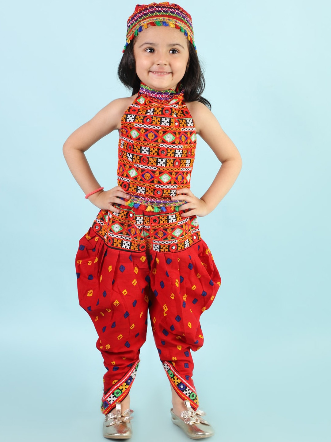

KID1 Girls Bandhani Printed Pure Cotton Navratri Top Dhoti Set With Cap, Red