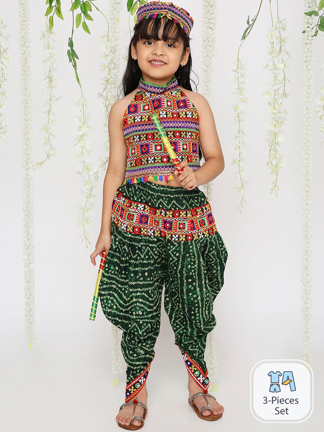 KID1 Girls Embellished Halter Neck Top & Dhoti Pants with Cap, Green