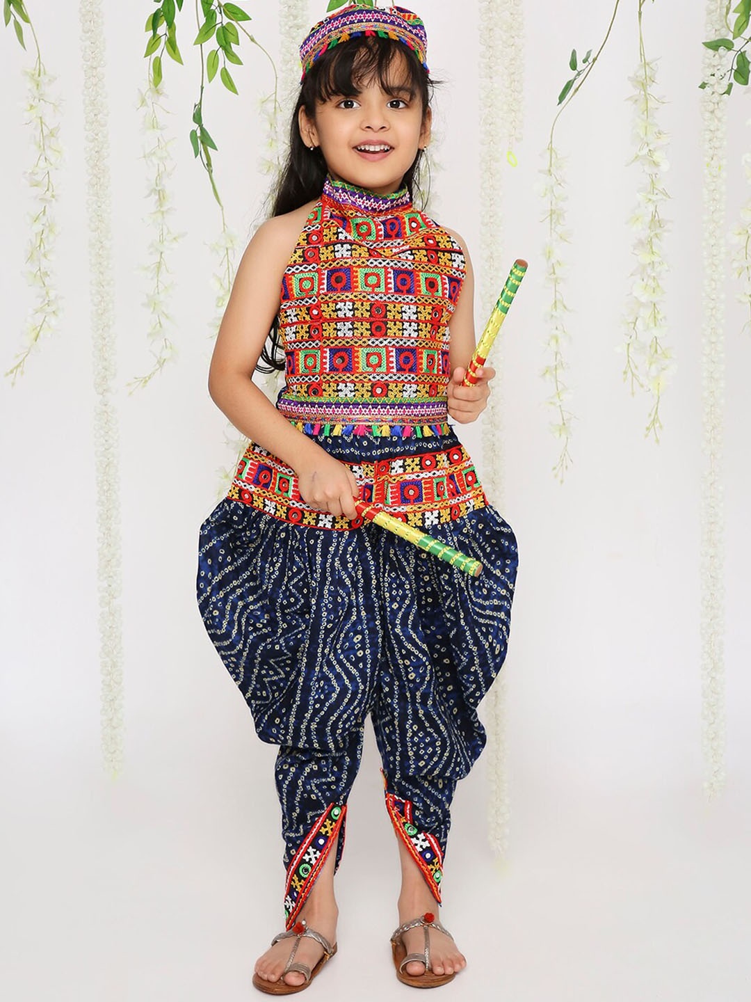

KID1 Girls Bandhani Printed Pure Cotton Navratri Top Dhoti Set With Cap, Navy blue