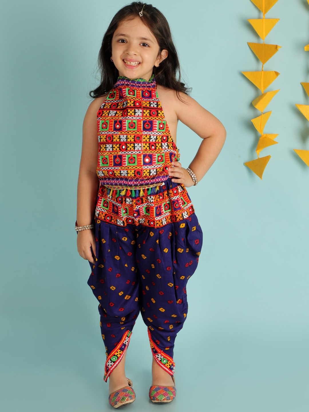 

KID1 Girls Bandhani Printed Pure Cotton Navratri Top Dhoti Set With Cap, Blue