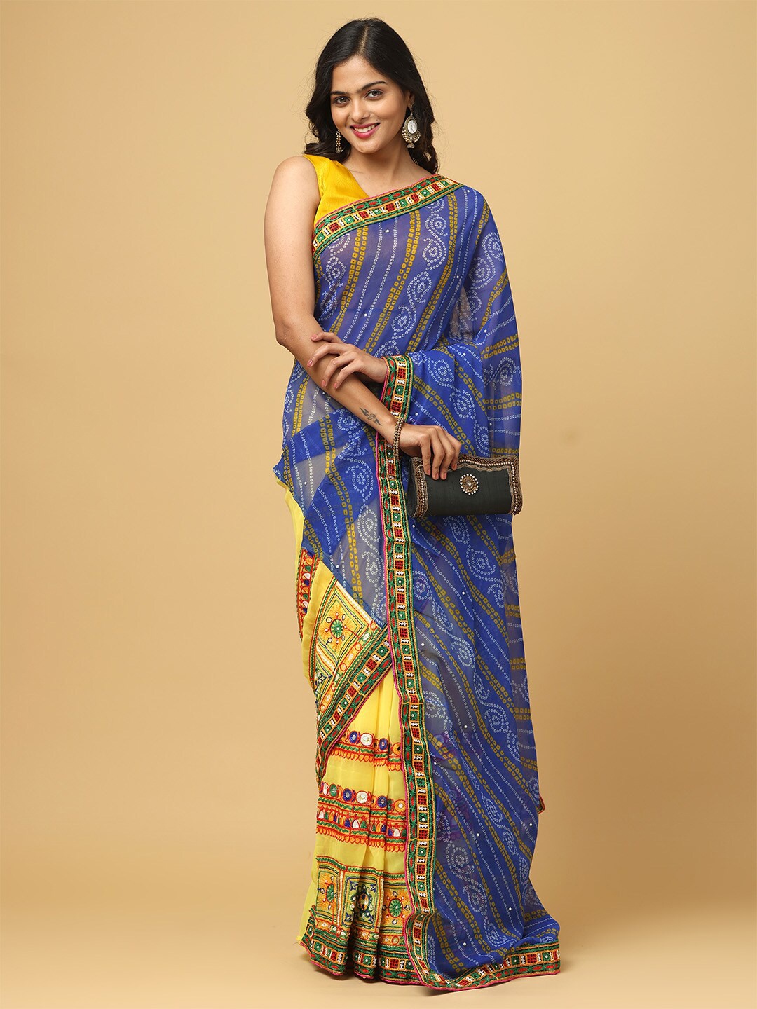 

VASTRANAND Bandhani Printed Mirror Work Half And Half Ruffled Saree, Blue