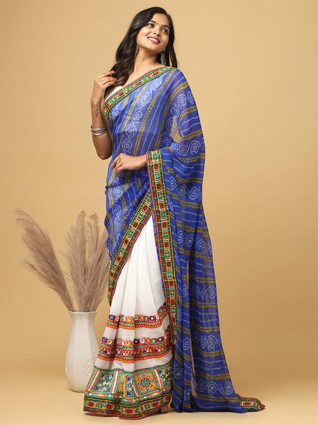 

VASTRANAND Bandhani Printed Kutchi Embroidered Half And Half Saree, Blue