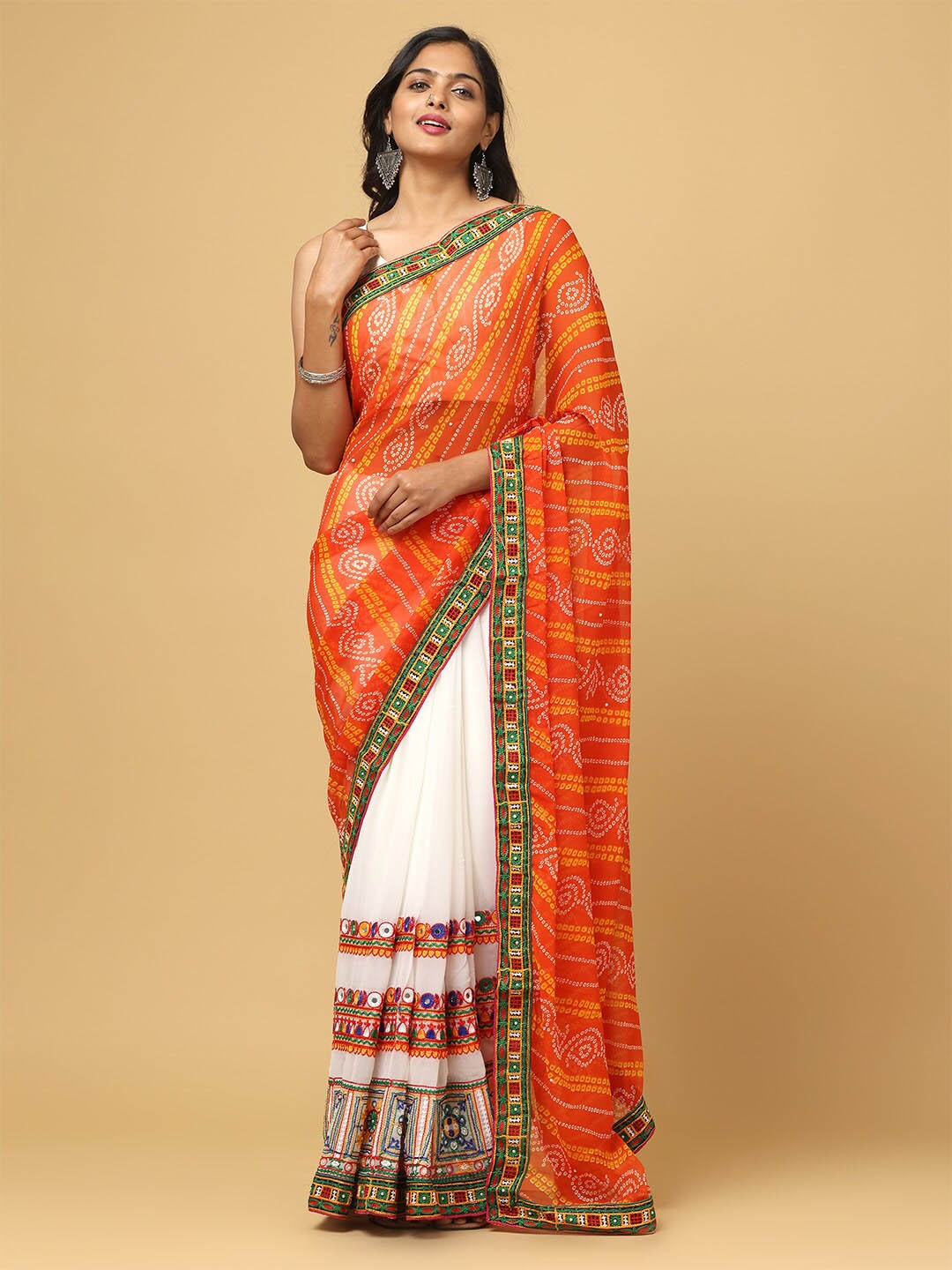 

VASTRANAND Bandhani Printed Mirror Work Half And Half Ruffled Saree, Orange