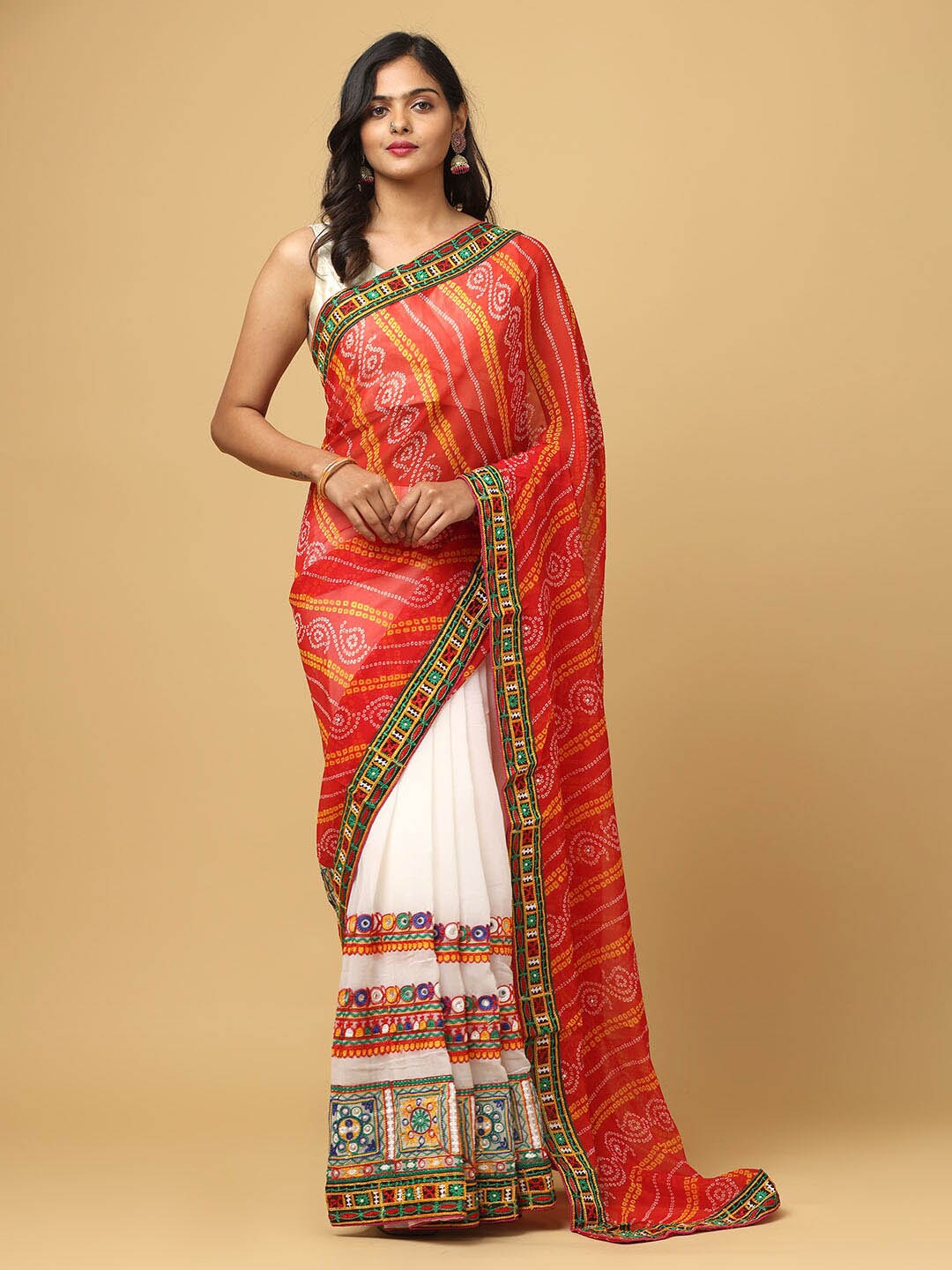 

VASTRANAND Bandhani Printed Kutchi Embroidery Half and Half Saree, Red