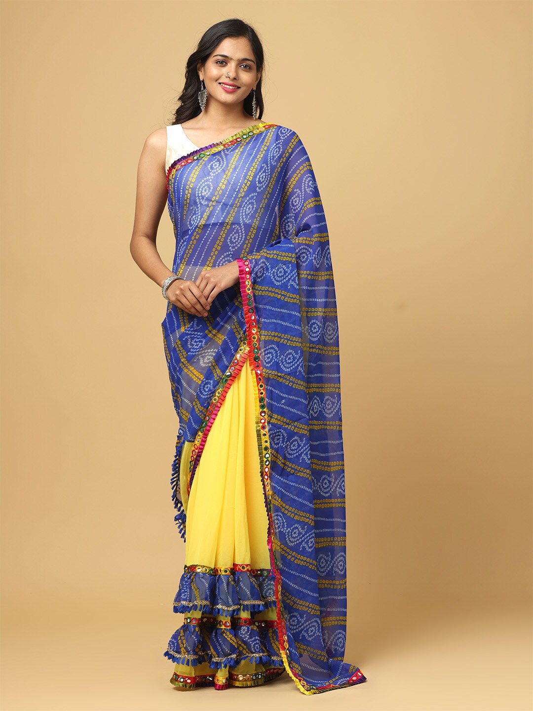 

VASTRANAND Bandhani Printed Mirror Work Half And Half Ruffled Saree, Yellow