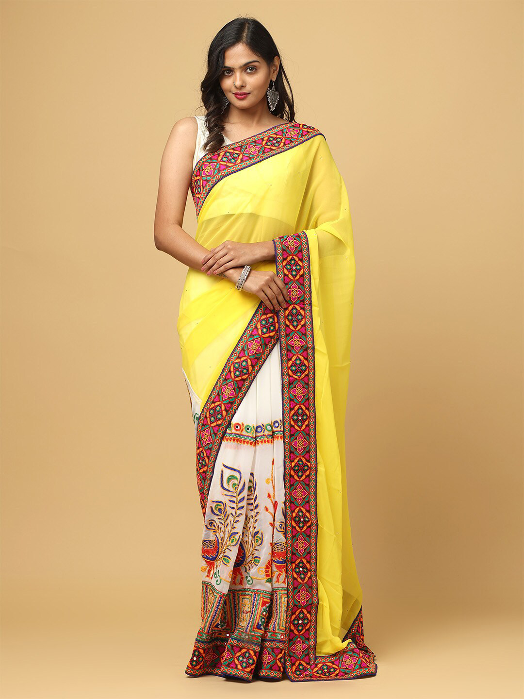 

VASTRANAND Kutchi Embroidery Half and Half Saree, Yellow
