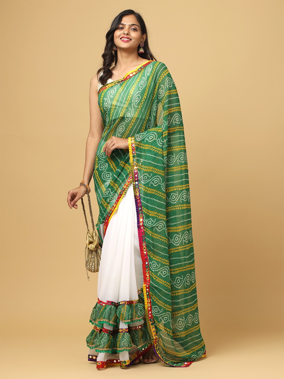 

VASTRANAND Bandhani Printed Kutchi Embroidered Half And Half Saree, Green