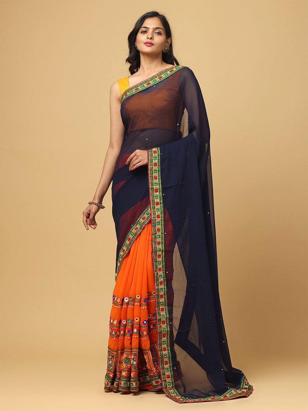 

VASTRANAND Kutchi Embroidered Half And Half Saree, Blue