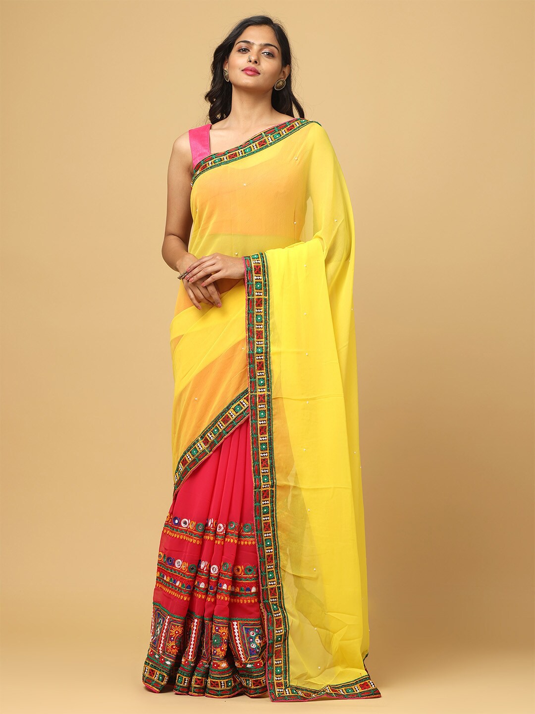 

VASTRANAND Kutchi Embroidery Half and Half Saree, Yellow