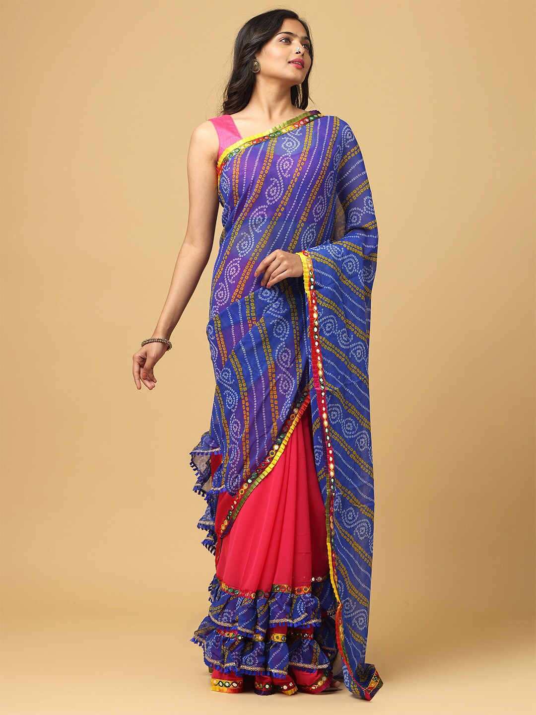 

VASTRANAND Bandhani Printed Kutchi Embroidery Ruffles Half and Half Saree, Blue