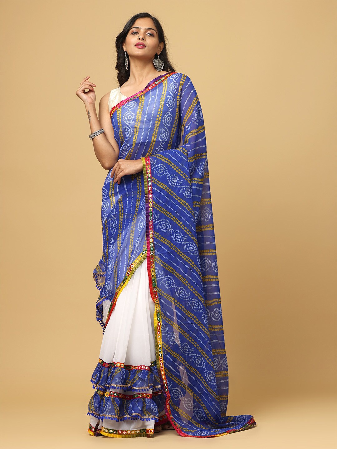 

VASTRANAND Bandhani Printed Embroidered Ruffles Half and Half Saree, Blue