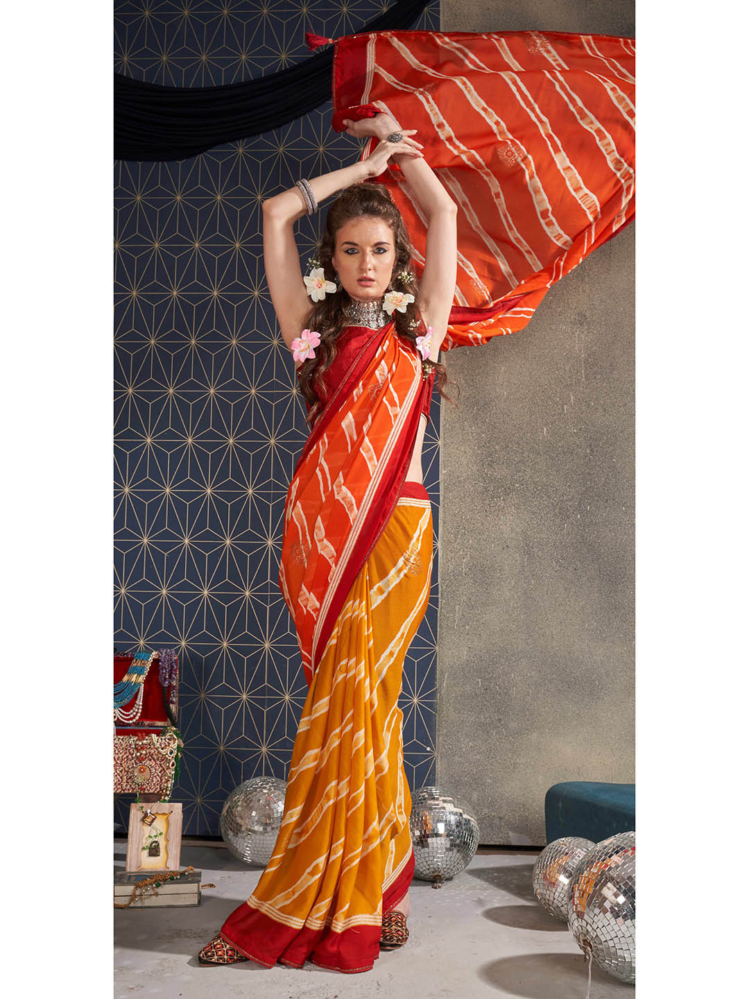 

KALINI Leheriya Printed Pure Georgette Saree, Orange