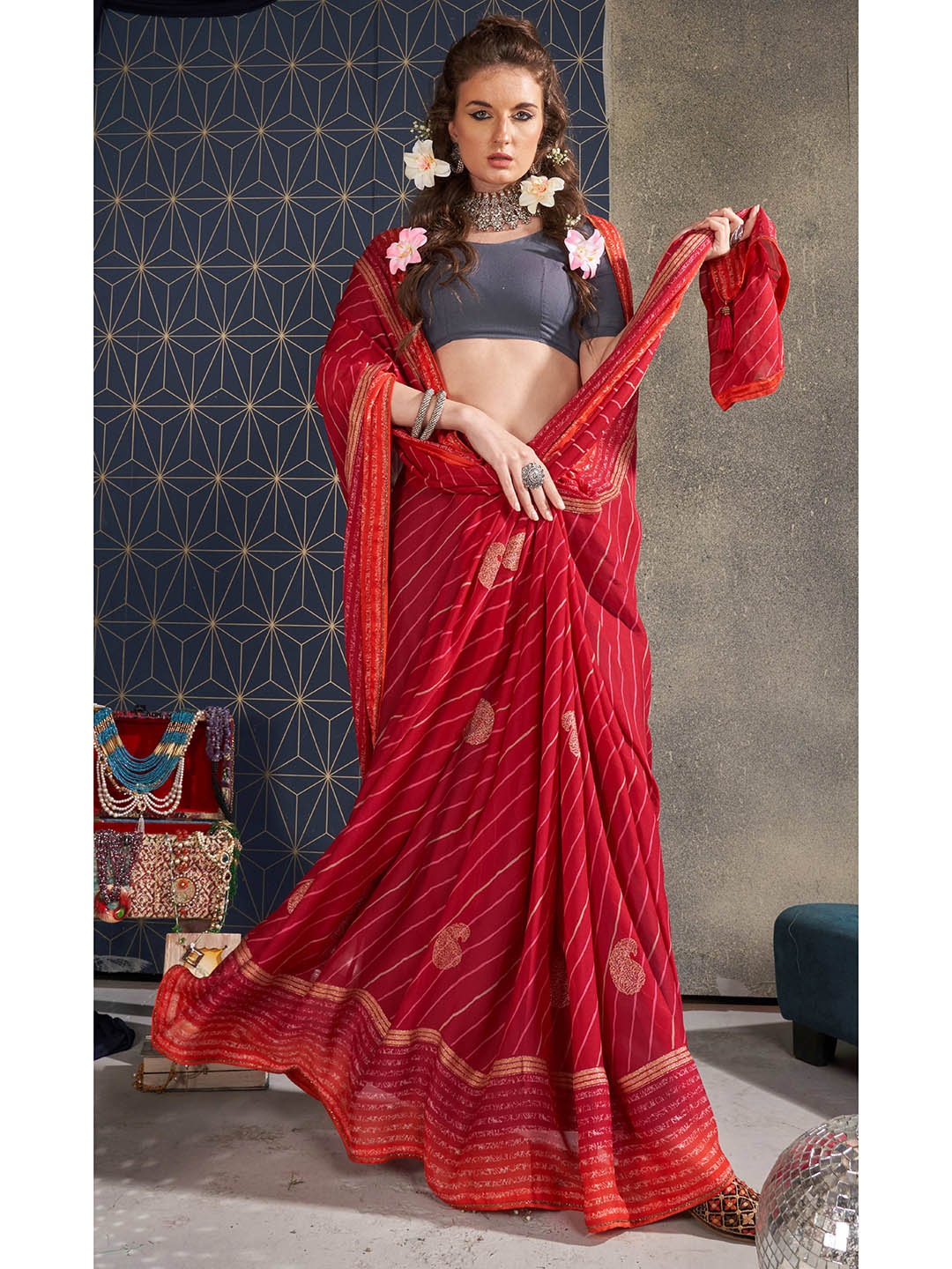 

KALINI Leheriya Printed Pure Georgette Saree, Pink