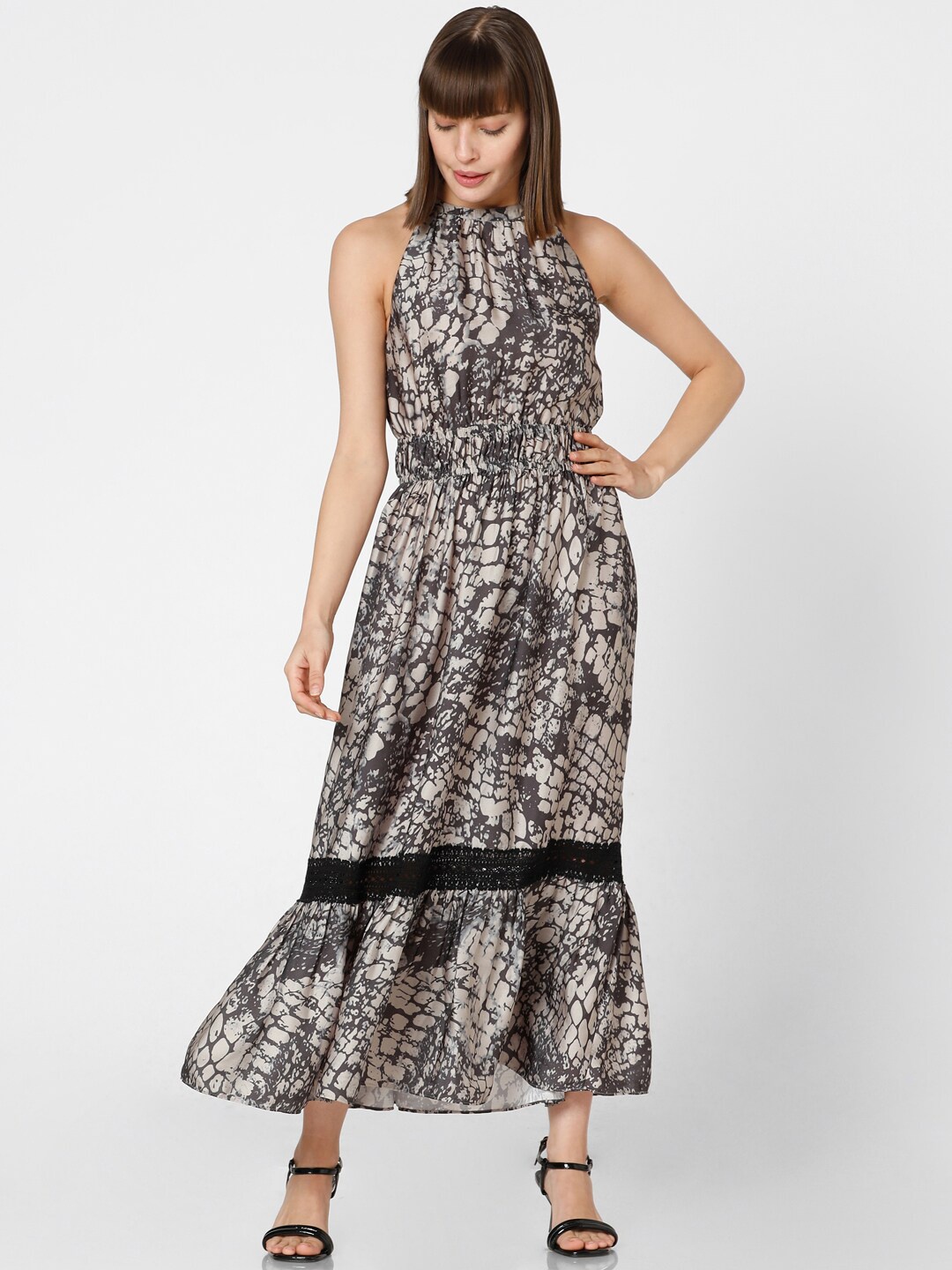 

Vero Moda Abstract Printed Sleeveless A-Line Midi Dress, Brown