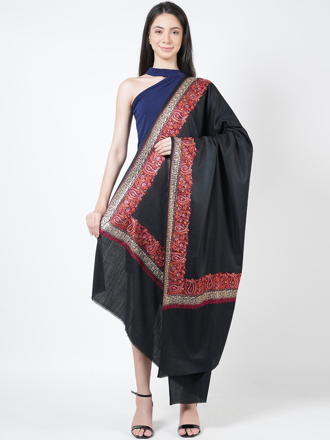 

MUFFLY Ethnic Motifs Embroidered Pashmina Woollen Shawl, Black