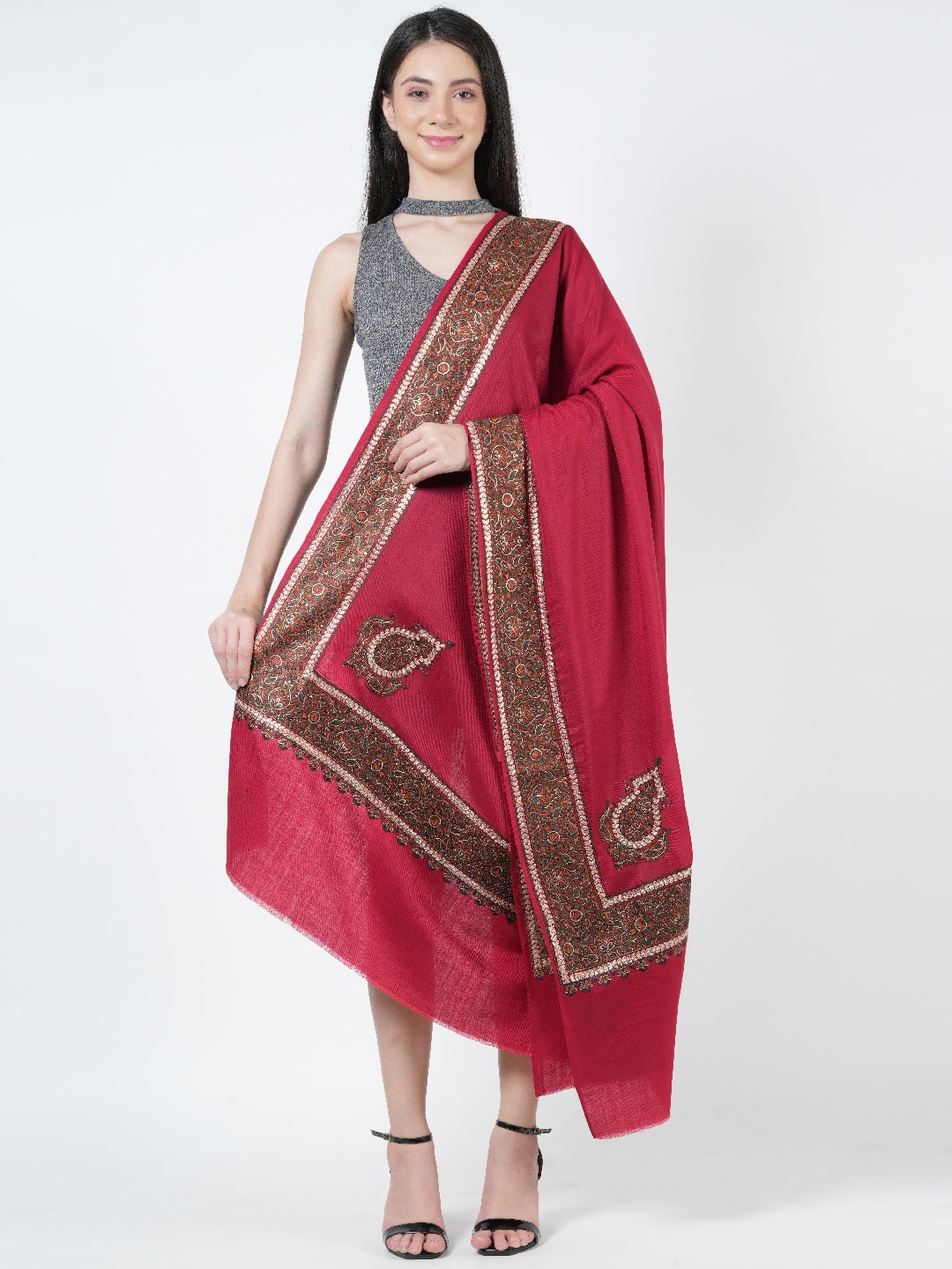 

MUFFLY Ethnic Motifs Printed Woollen Shawl, Maroon