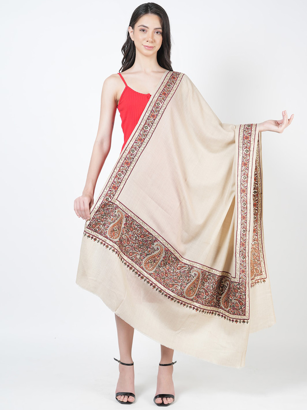 

MUFFLY Ethnic Motifs Embroidered Pashmina Woollen Shawl, Cream