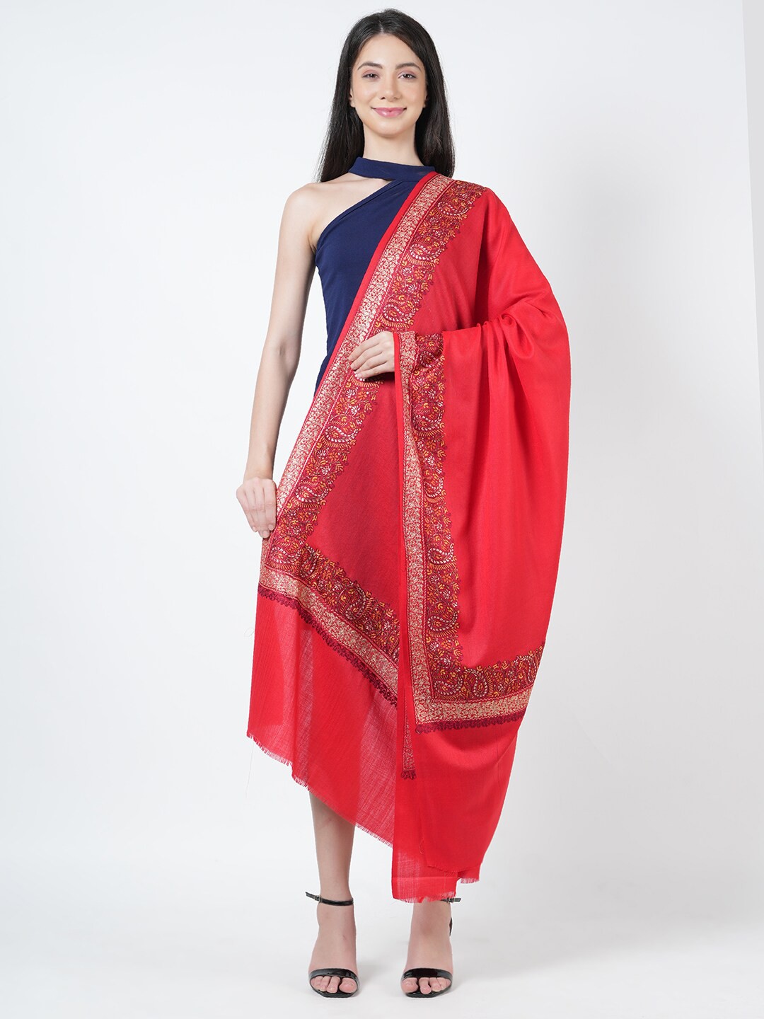 

MUFFLY Ethnic Motifs Embroidered Pashmina Woollen Shawl, Red